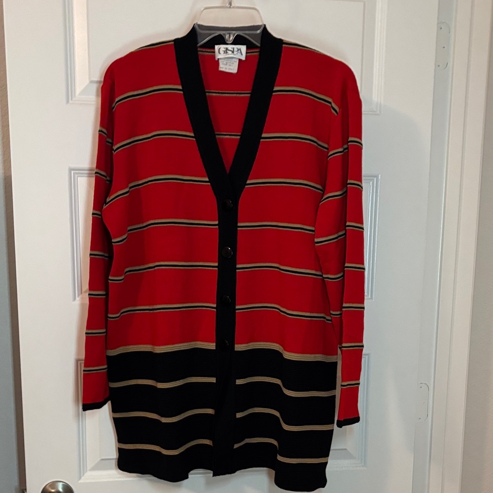 VTG Gispa red, black & gold striped button-up cardigan sweater SZ 14 Italy made